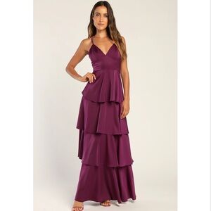 Lulus Going with Elegance Plum Purple Tiered Satin V-Neck Maxi Dress NWT Large